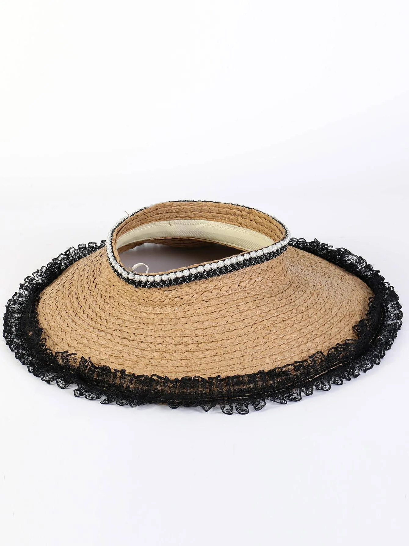 1pc Women Faux Pearl Decor Lace Trim Straw Visor Hat For Beach