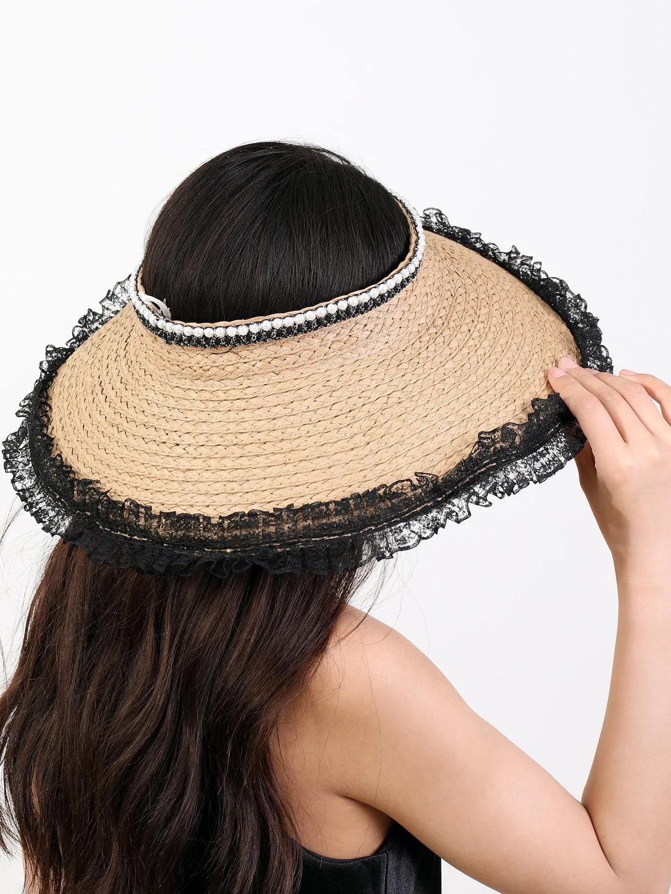 1pc Women Faux Pearl Decor Lace Trim Straw Visor Hat For Beach