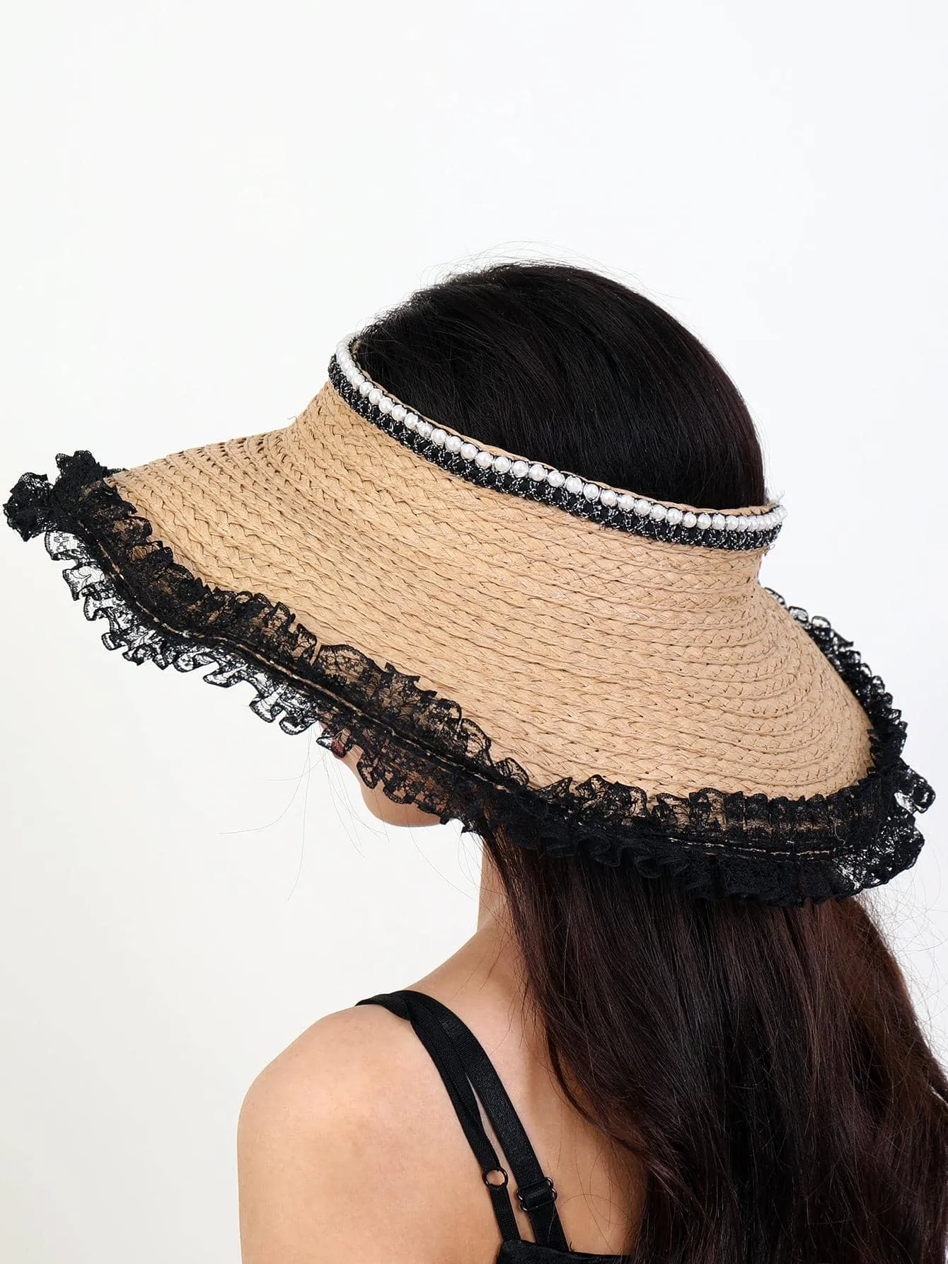 1pc Women Faux Pearl Decor Lace Trim Straw Visor Hat For Beach