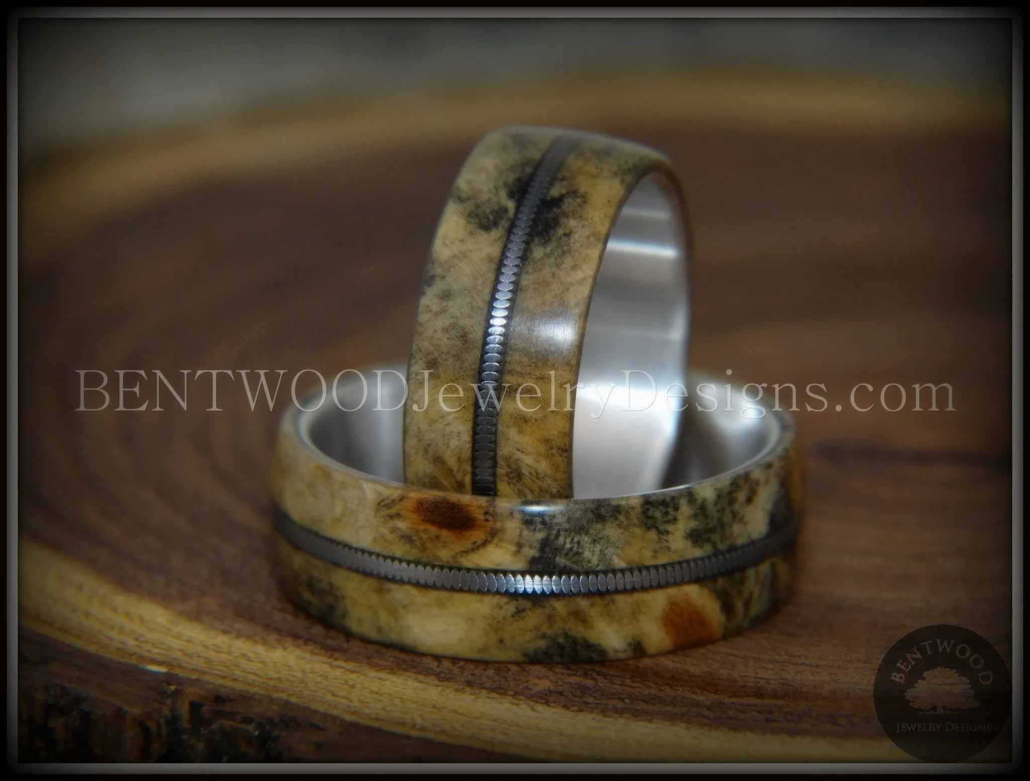 Bentwood Rings Set - California Buckeye Burl Rings on Silver Core with Electric Guitar String Inlay