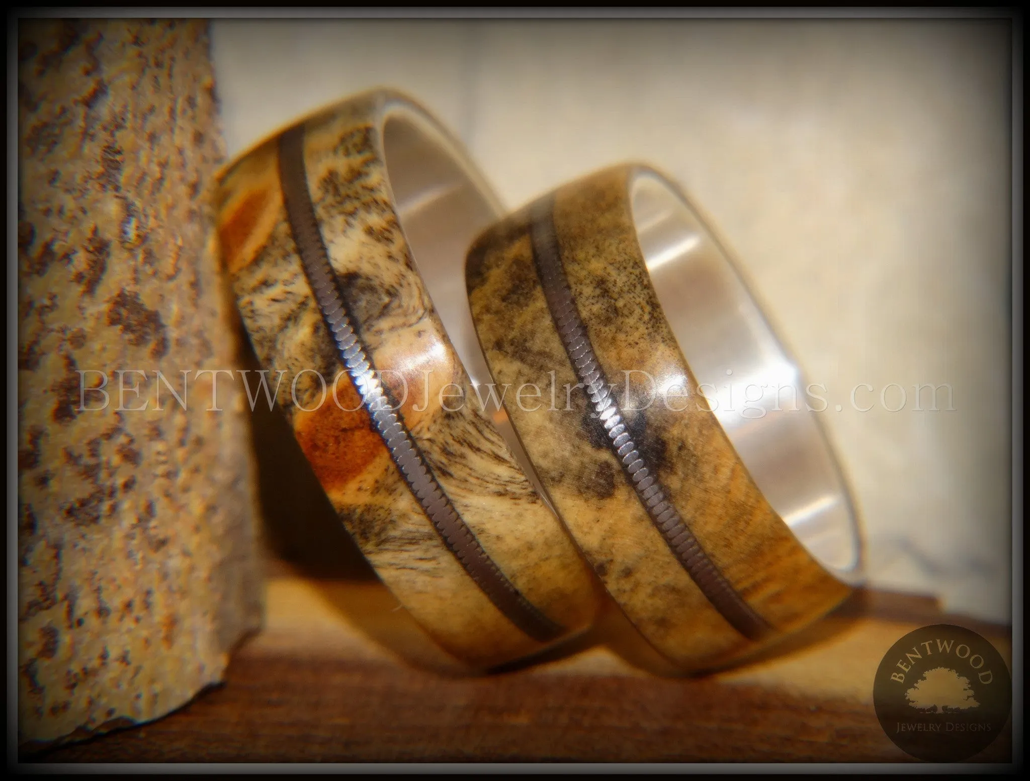 Bentwood Rings Set - California Buckeye Burl Rings on Silver Core with Electric Guitar String Inlay