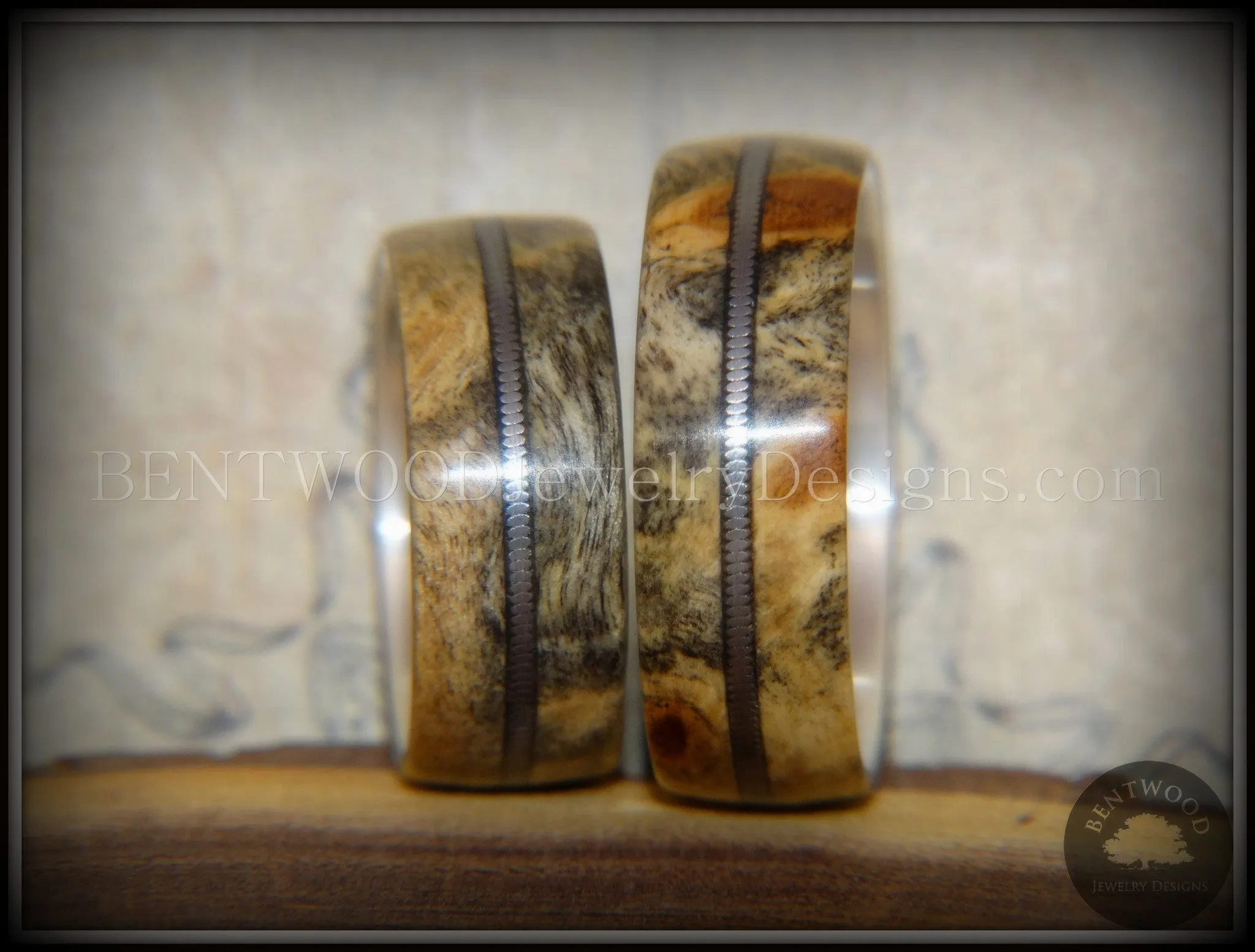 Bentwood Rings Set - California Buckeye Burl Rings on Silver Core with Electric Guitar String Inlay