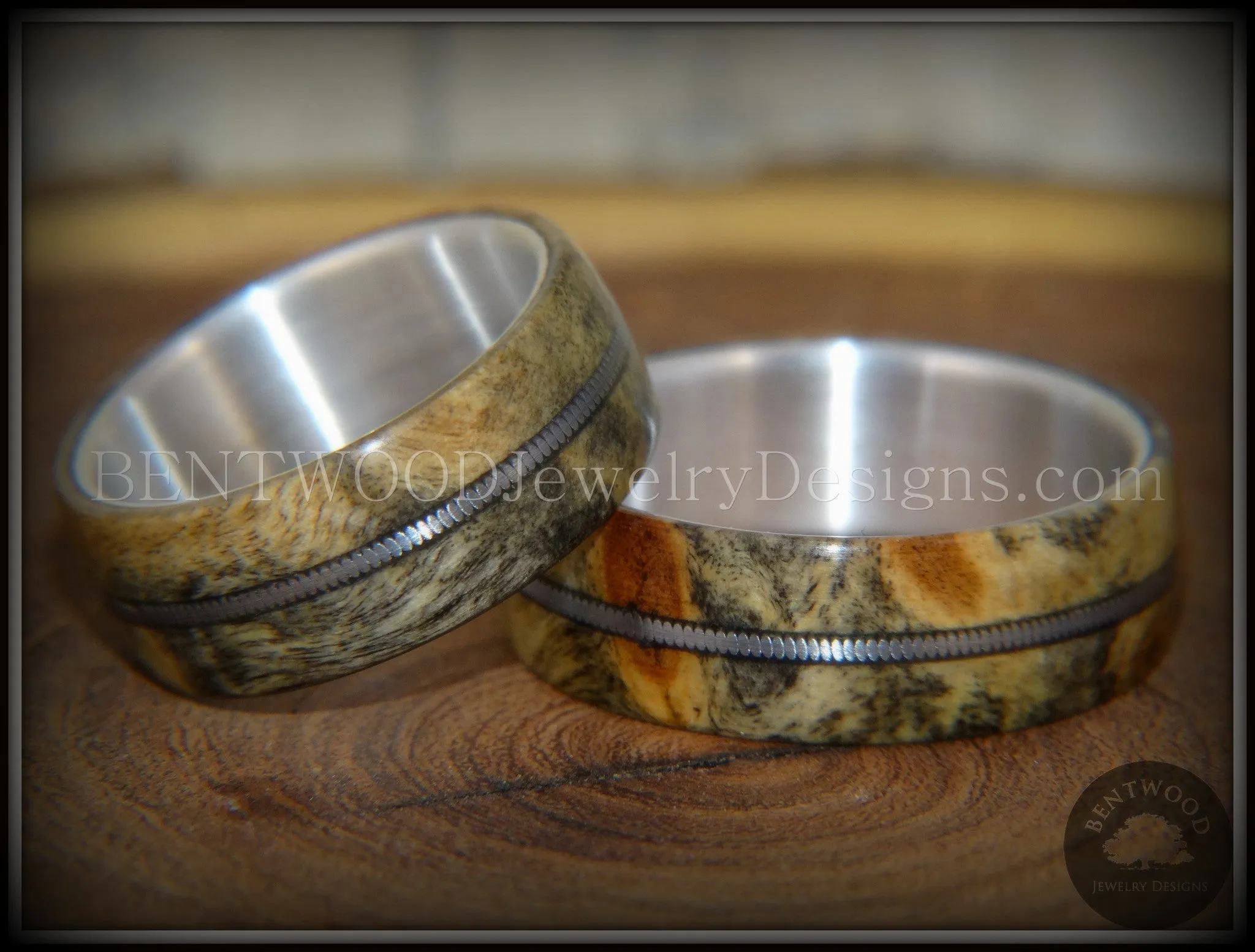 Bentwood Rings Set - California Buckeye Burl Rings on Silver Core with Electric Guitar String Inlay