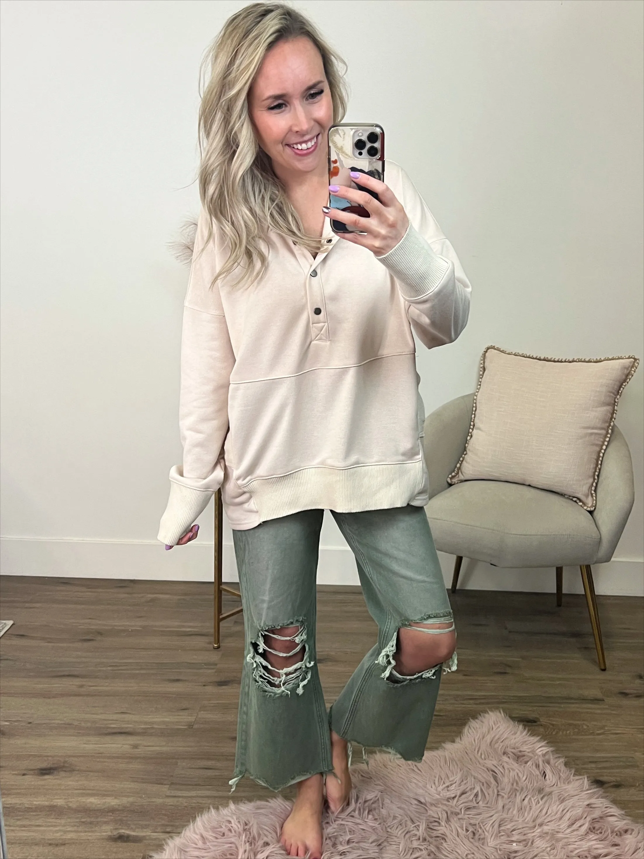 Bethany Oversized Henley Hoodie - Cream