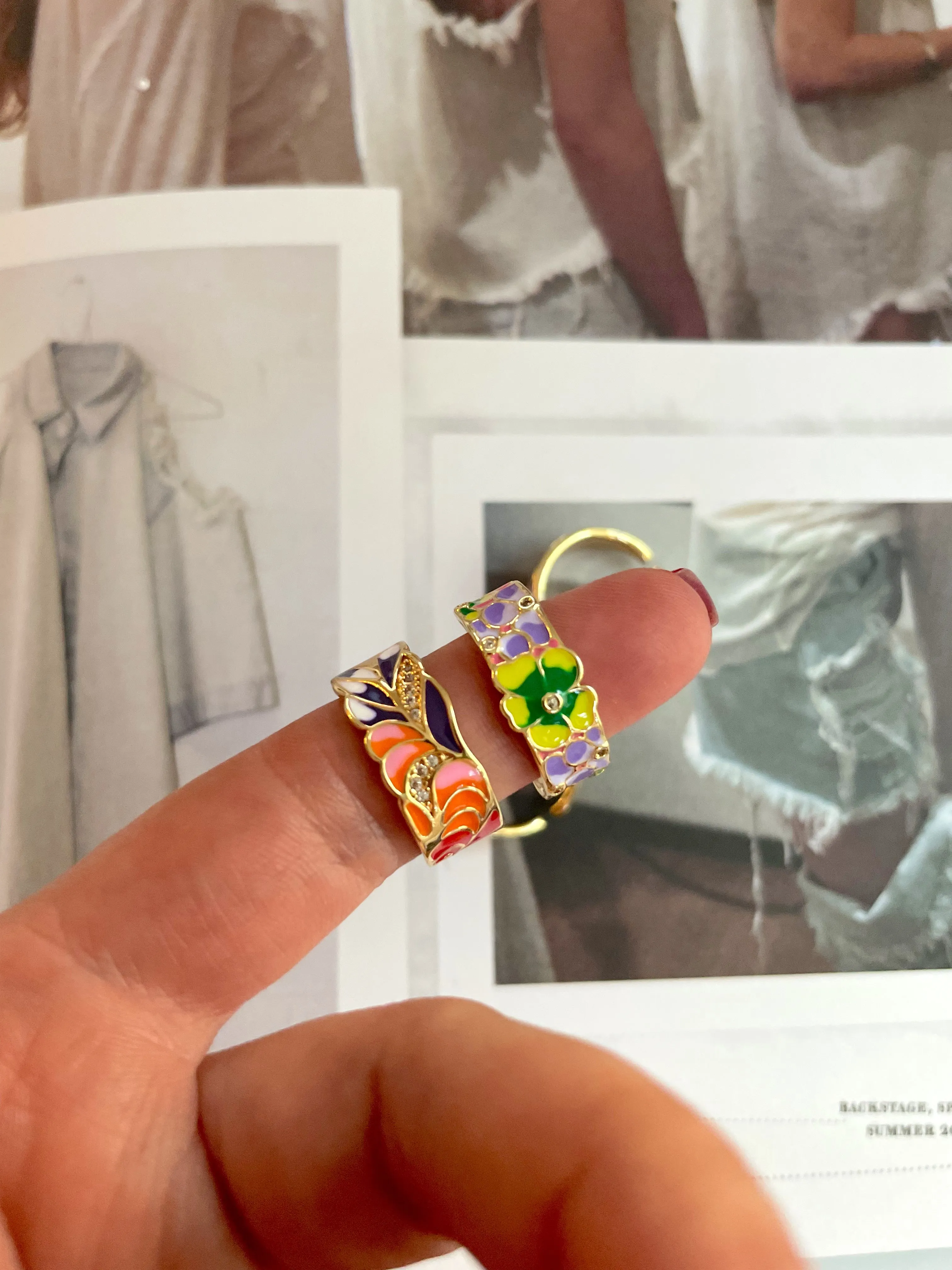 Enamel flowered rings