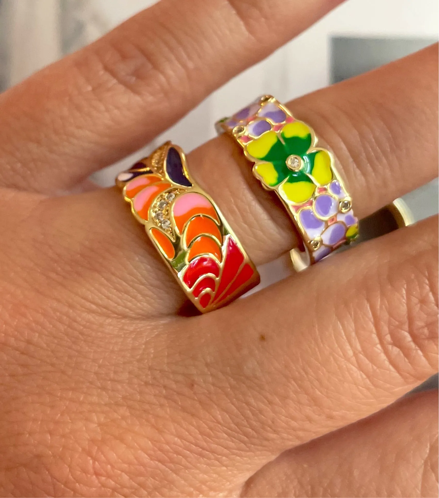 Enamel flowered rings