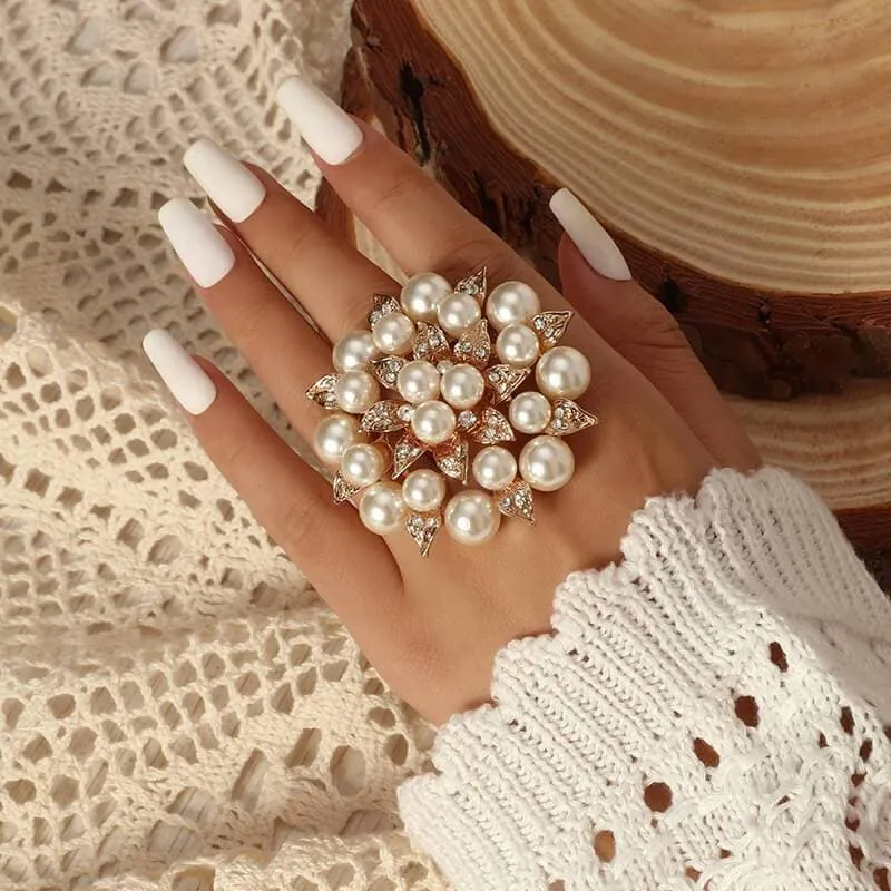 Faux Pearl Rhinestone Flowers Rings