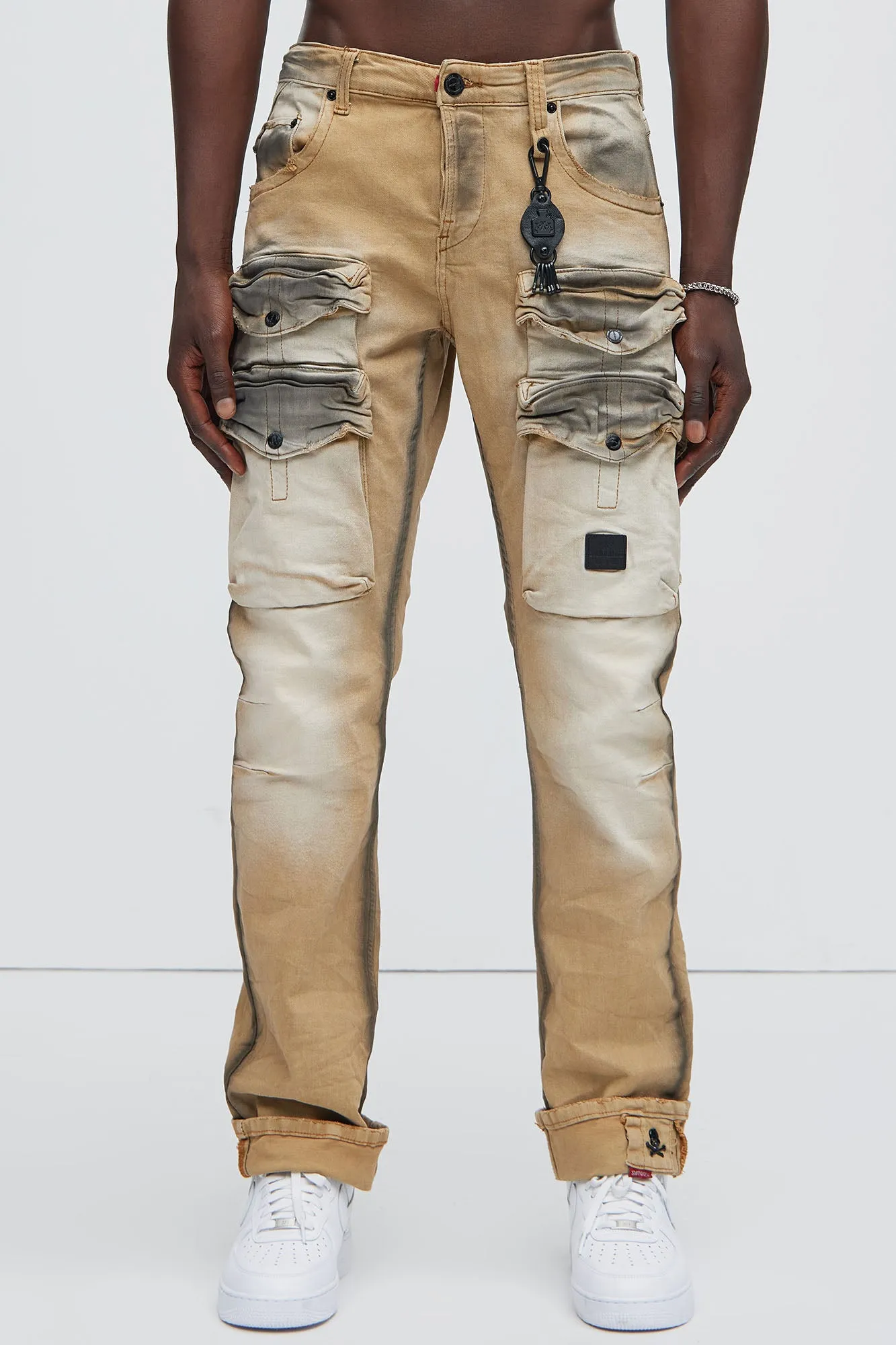 On Time Cargo Stained Straight Jeans - Khaki