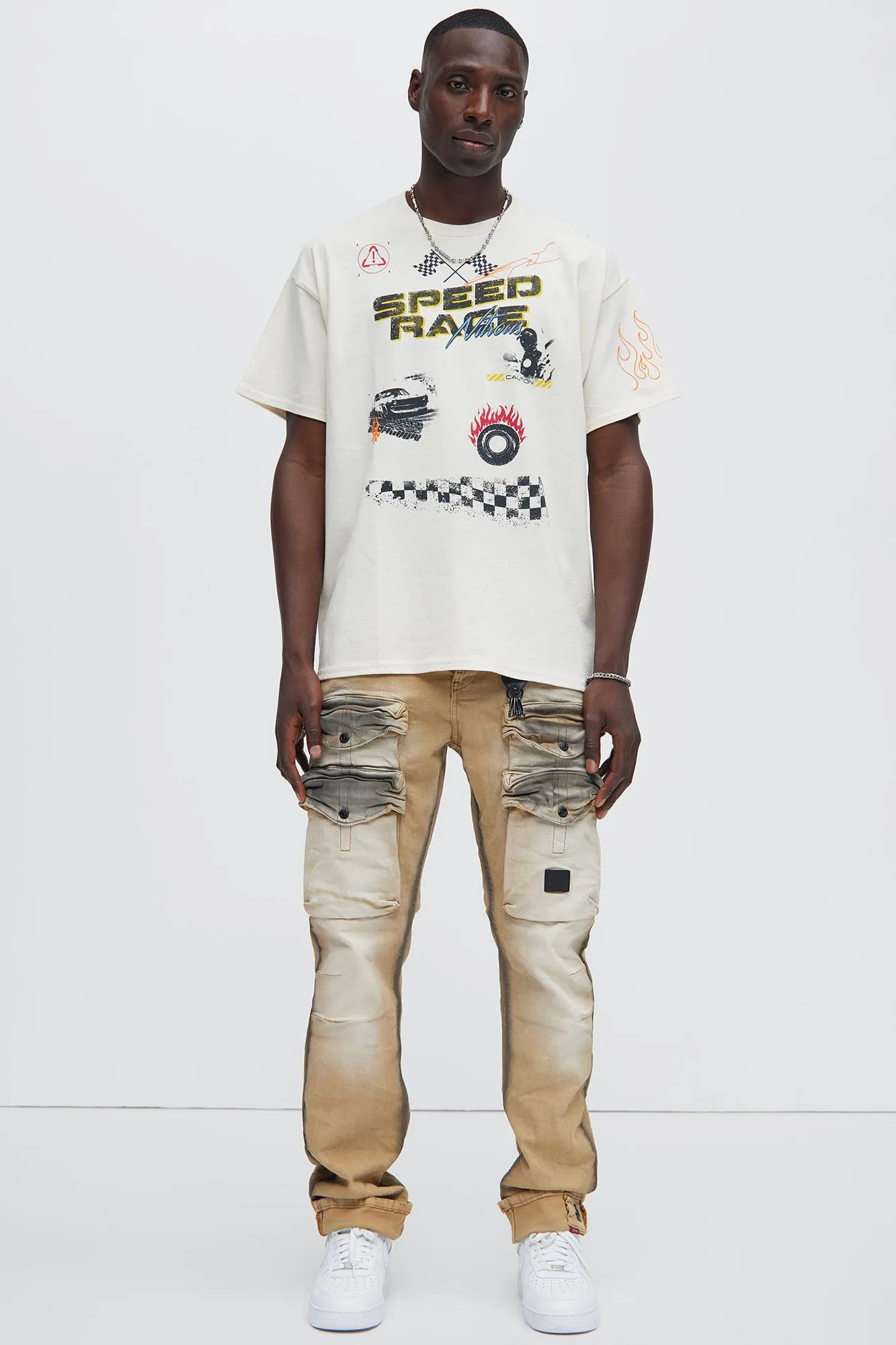 On Time Cargo Stained Straight Jeans - Khaki