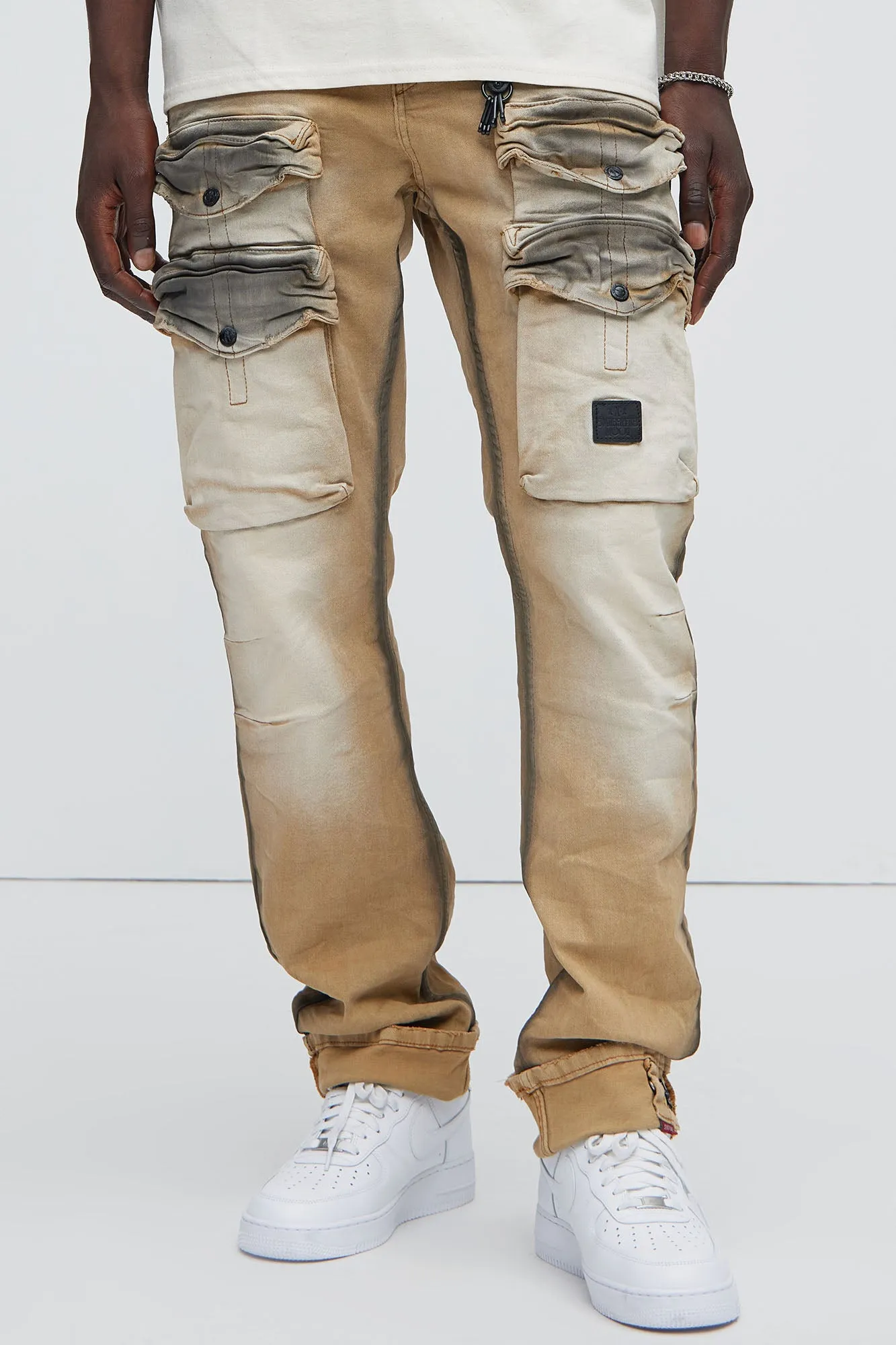 On Time Cargo Stained Straight Jeans - Khaki