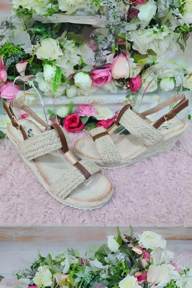 Open Toe Straw Strap Wedge Sandal