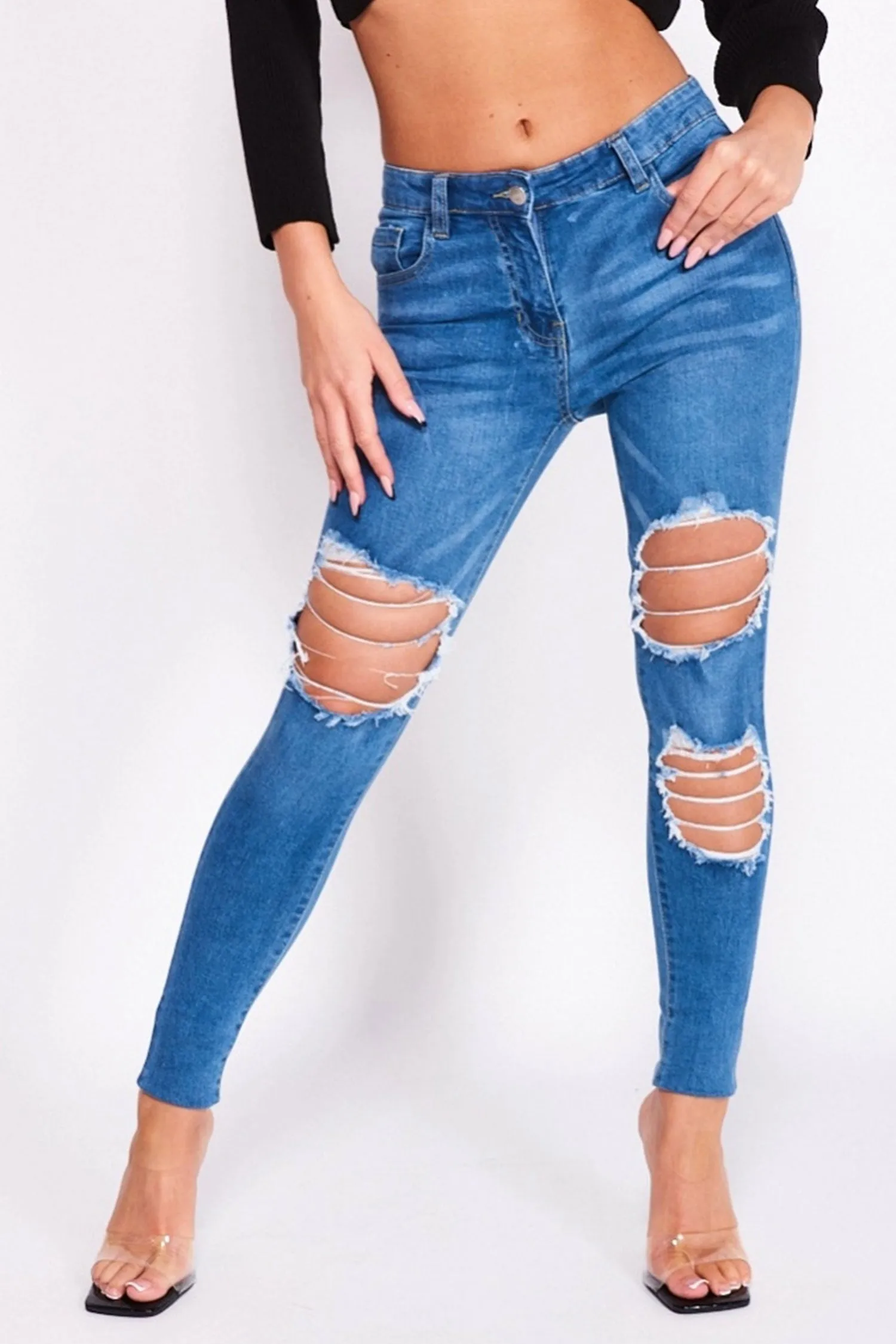 Pantalone jeans skinny blu con strappi