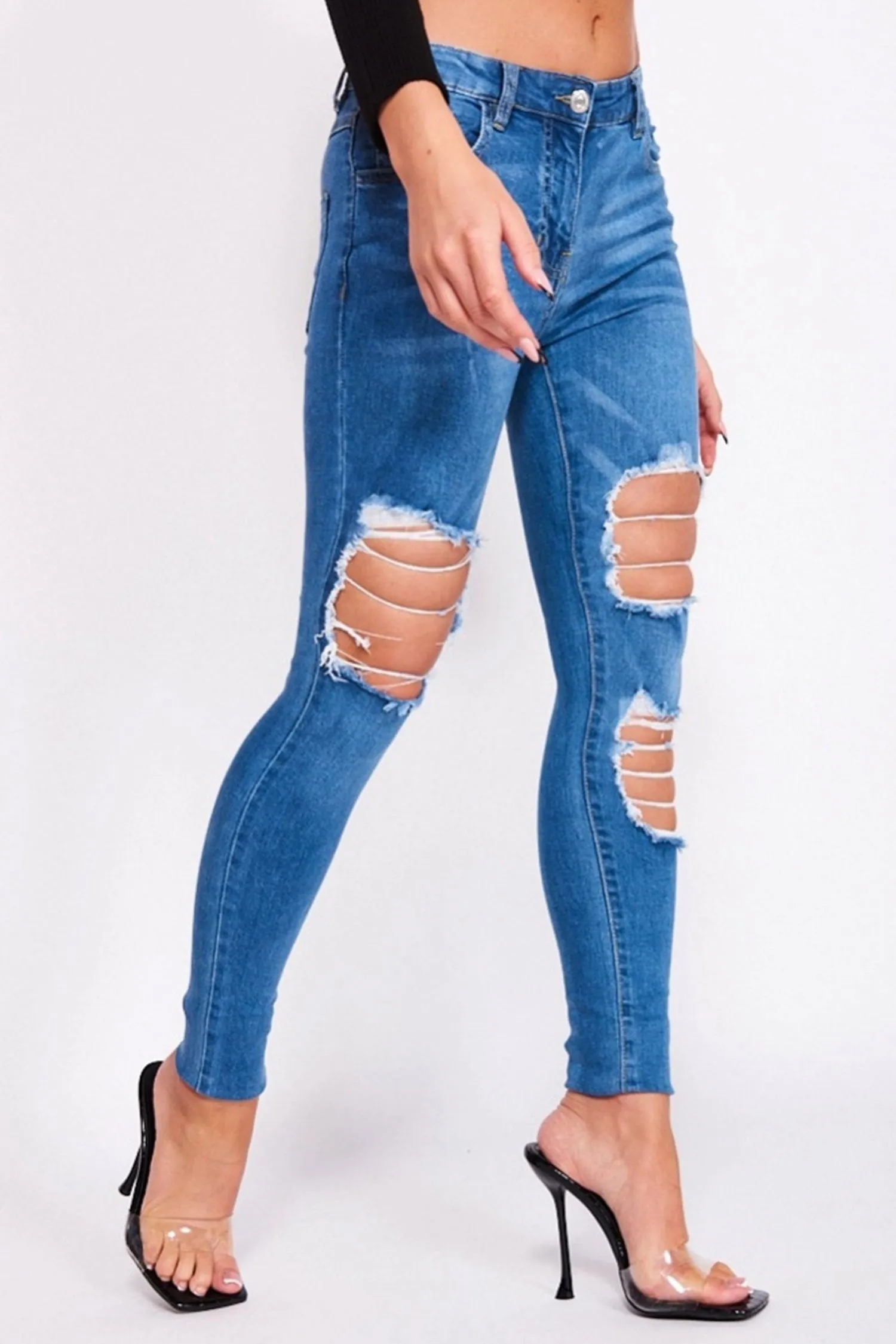 Pantalone jeans skinny blu con strappi