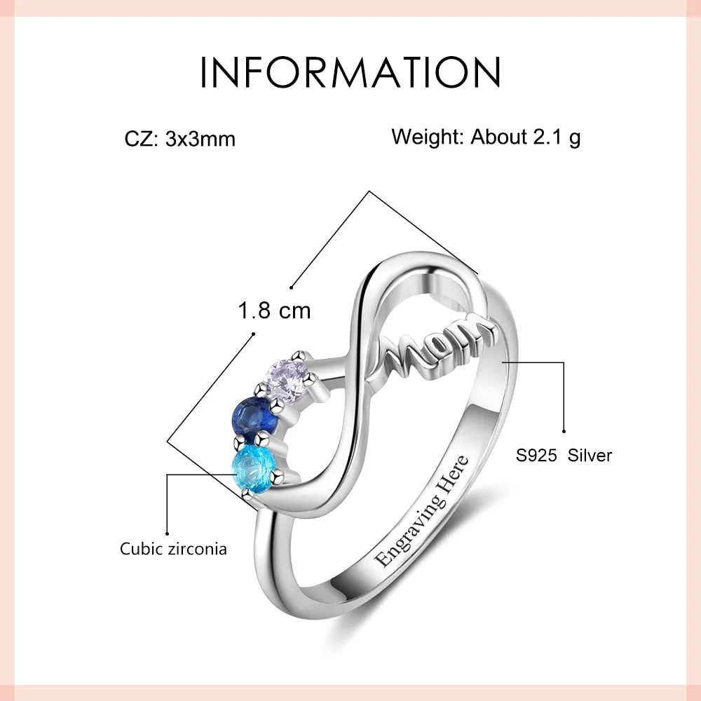 Personalized Mothers Rings with 3 Birthstones Custom Inner Engraving Infinity 925 Sterling Silver Rings for Women Mom