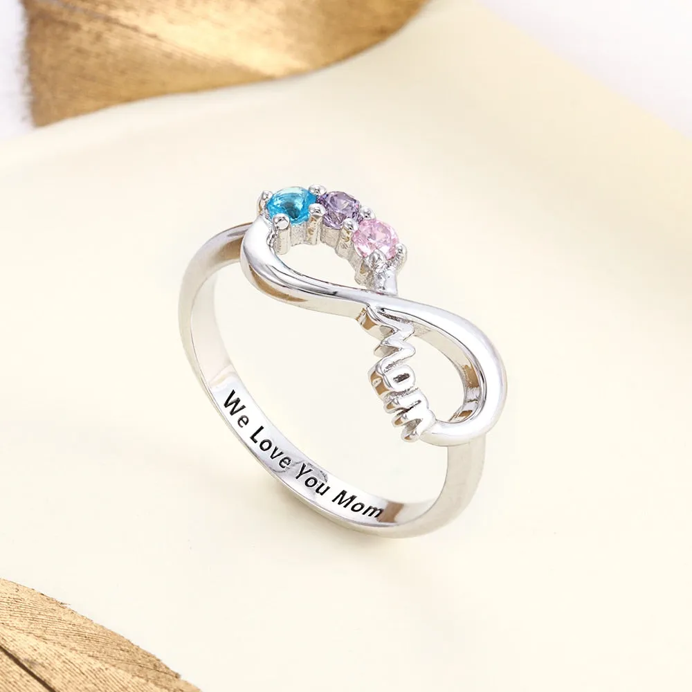 Personalized Mothers Rings with 3 Birthstones Custom Inner Engraving Infinity 925 Sterling Silver Rings for Women Mom